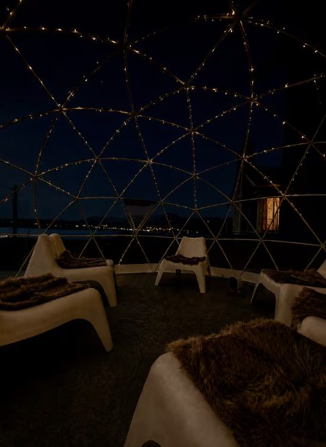 The heated snow dome at night